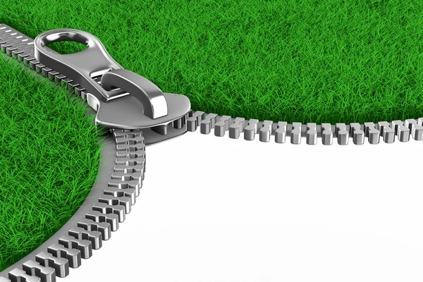 Reißverschluss mit Gras auf weißem Hintergrund. isoliertes 3D-Bild — Stockfoto