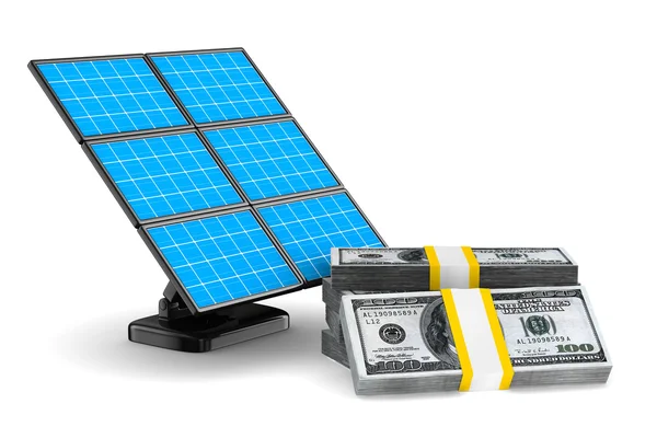 Bateria solar e dinheiro em fundo branco. Imagem 3d isolada — Fotografia de Stock