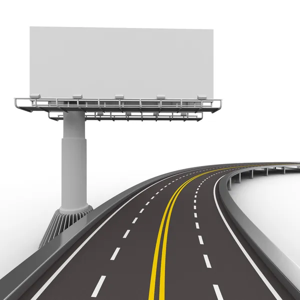 Асфальтированная дорога с рекламным щитом. Изолированное 3D изображение — стоковое фото
