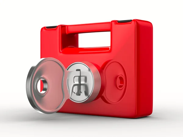 Caja roja con llave sobre fondo blanco. Imagen 3D aislada — Foto de Stock