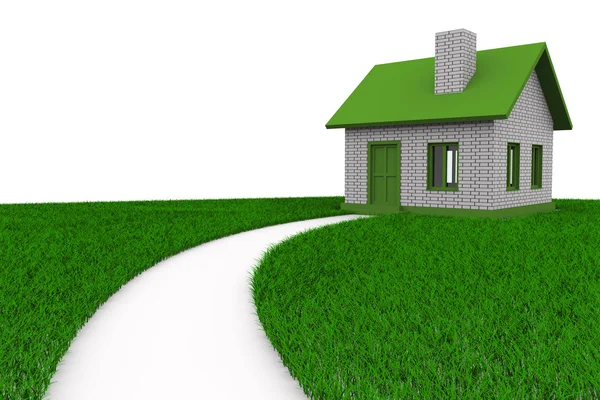 Straße zu Haus auf Gras. isoliertes 3D-Bild — Stockfoto