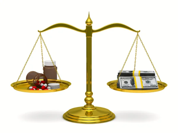 Läkemedel och pengar på skalor. isolerade 3d-bild — Stockfoto
