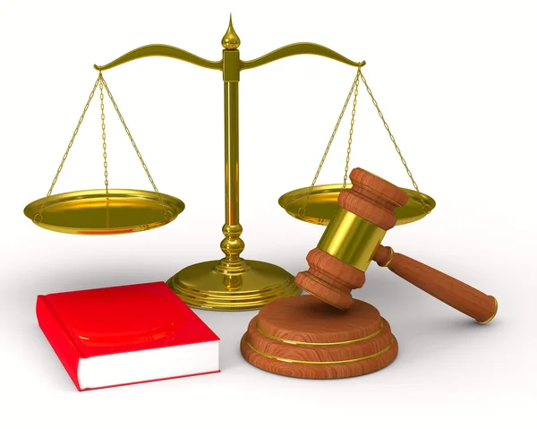 Scales justice and hammer on white background. Isolated 3D image — Stock Photo, Image