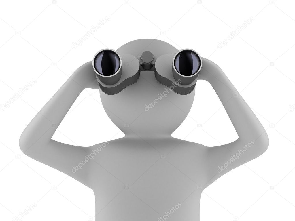 Man with binocular on white background. Isolated 3d image
