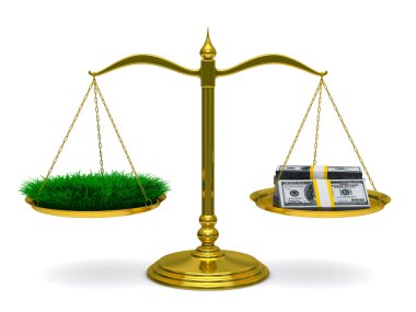 Grass and money on scales. Isolated 3D image clipart