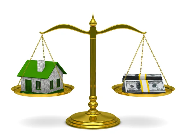 Casa e dinheiro em balanças. Imagem 3D isolada — Fotografia de Stock