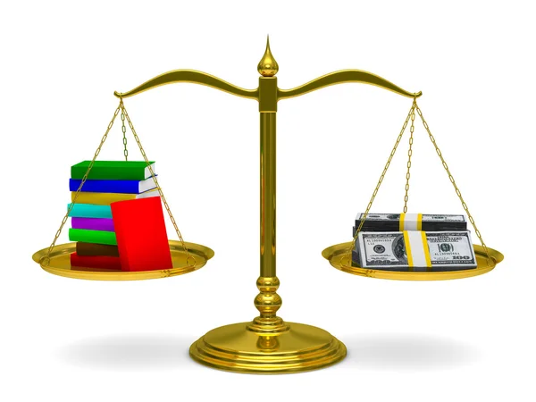 Книги и деньги на весах. Изолированное 3D изображение — стоковое фото