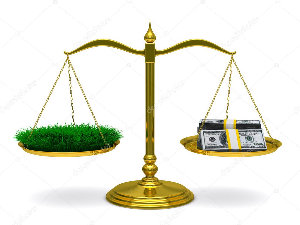 Grass and money on scales. Isolated 3D image