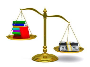 Books and money on scales. Isolated 3D image clipart