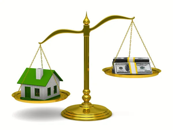 Casa y dinero en balanzas. Imagen 3D aislada — Foto de Stock