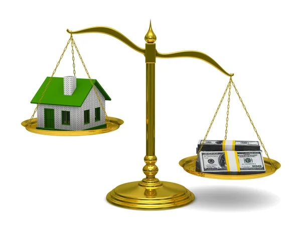 Casa y dinero en balanzas. Imagen 3D aislada — Foto de Stock