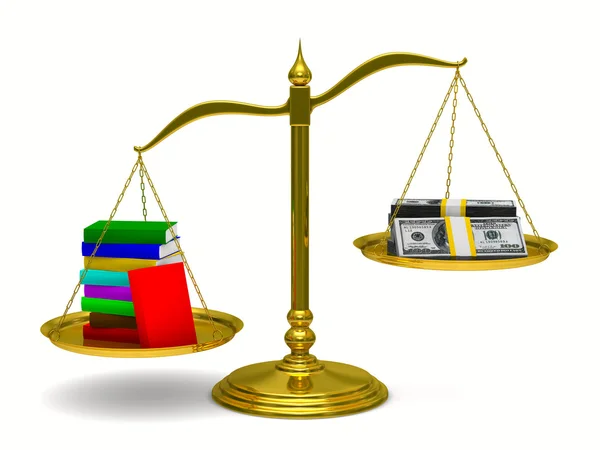 Livros e dinheiro em balanças. Imagem 3D isolada — Fotografia de Stock