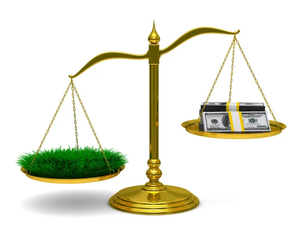 Relva e dinheiro em balanças. Imagem 3D isolada — Fotografia de Stock