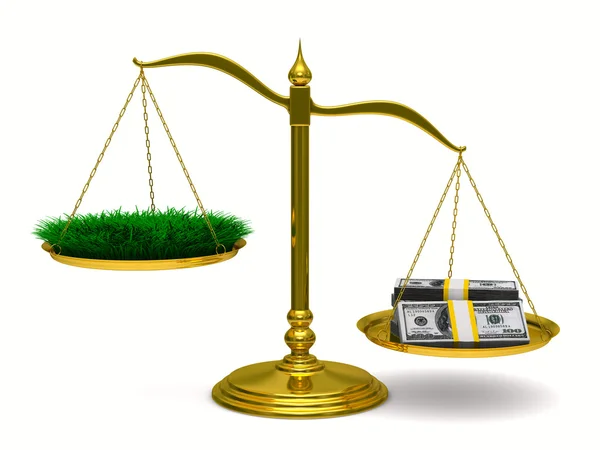 Relva e dinheiro em balanças. Imagem 3D isolada — Fotografia de Stock