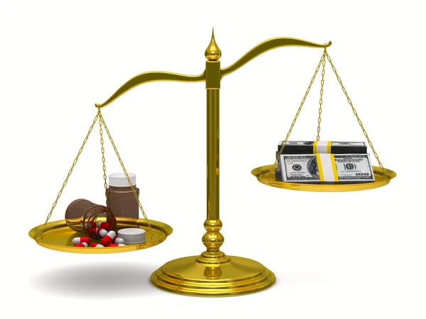 Medicamentos y dinero en balanzas. Imagen 3D aislada —  Fotos de Stock
