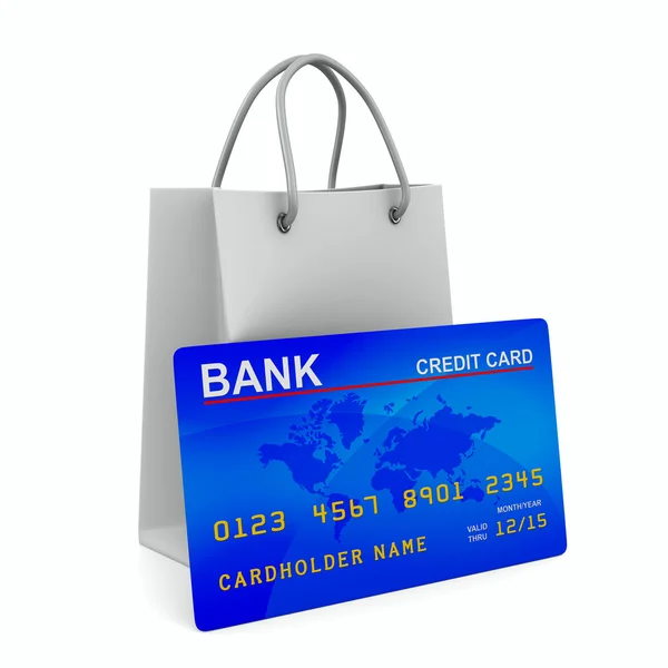 Cartão de crédito com saco de compras. Imagem 3D isolada — Fotografia de Stock