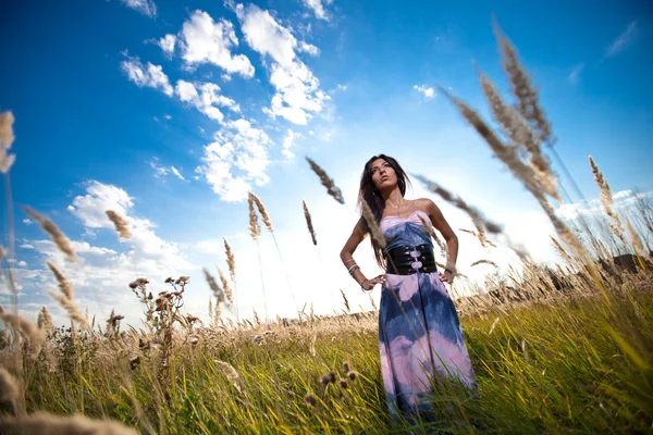 Молодая женщина на фоне летнего сельского пейзажа — стоковое фото