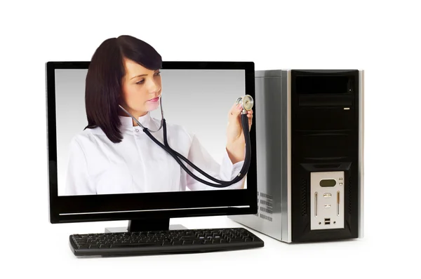 医生从计算机屏幕-医疗保健或计算机安全 co — 图库照片