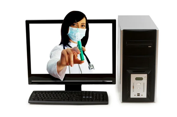 Врач с экрана компьютера - Здравоохранение или компьютерная безопасность — стоковое фото
