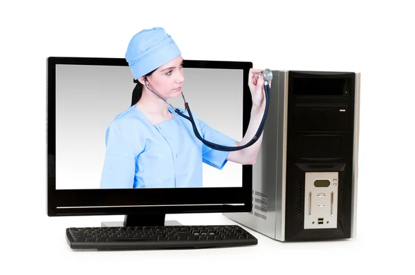 医生从计算机屏幕-医疗保健或计算机安全 co — 图库照片