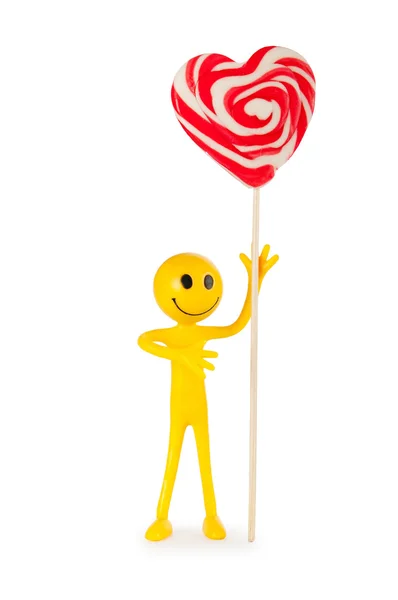 Smiley holding colourful lollipop isolated on white — Stock Photo, Image