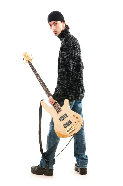 흰 배경에서 분리 된 기타 연주자 — 스톡 사진