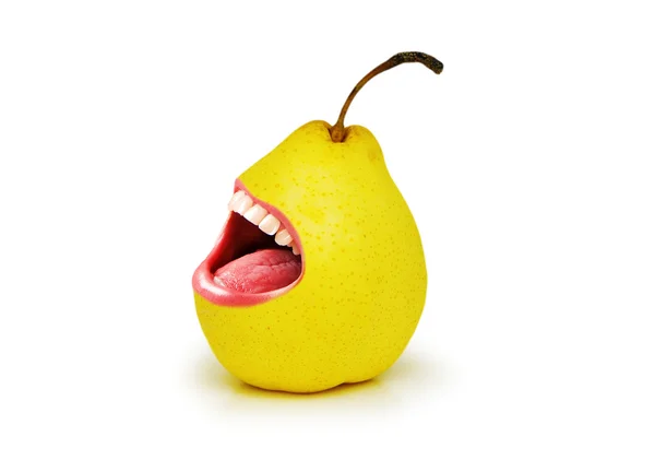 Žlutá hruška s otevřenými ústy na bílém pozadí — Stock fotografie