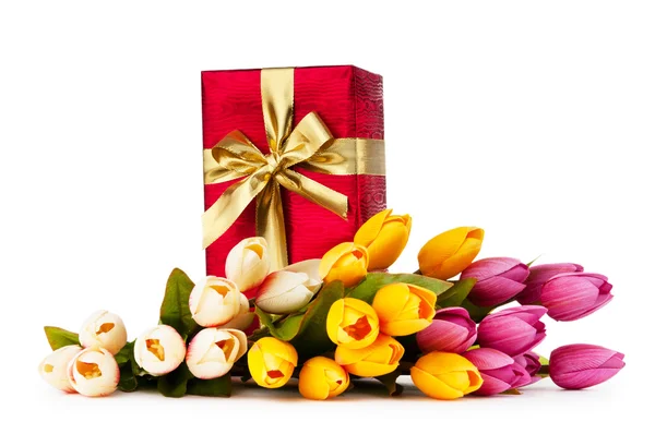 Celebration concept - gift box and tulip flowers — Stock Photo, Image