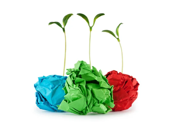 Paper recycling concept with seedlings on white — Stock Photo, Image