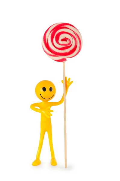 Smiley houden kleurrijke lollipop geïsoleerd op wit — Stockfoto
