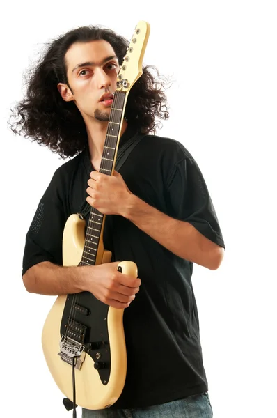 白い背景に隔離されたギタープレーヤー — ストック写真