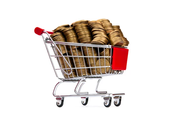 Zlaté mince v nákupní košík — Stock fotografie