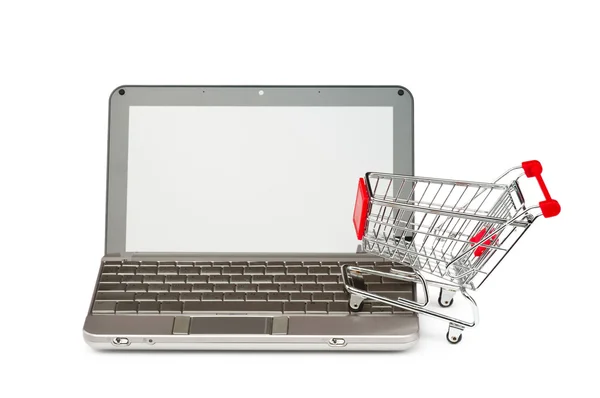 Internet online zakupy koncepcja z komputera i koszyk — Zdjęcie stockowe