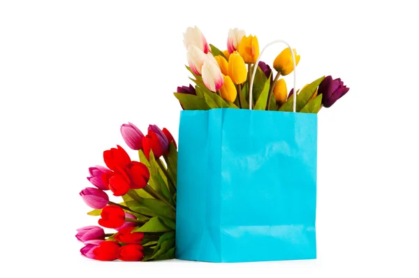 Тюльпани в сумці ізольовані на білому — стокове фото