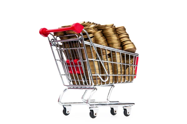 Moedas de ouro no carrinho de compras — Fotografia de Stock