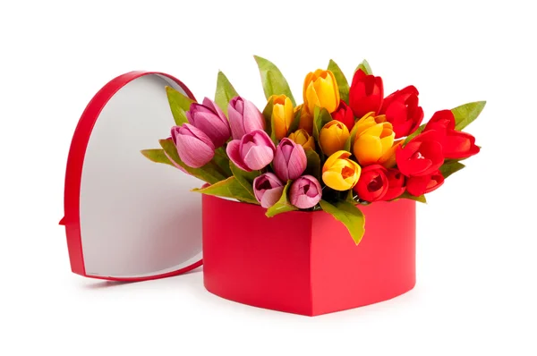 Scatola regalo e tulipani isolati su bianco — Foto Stock