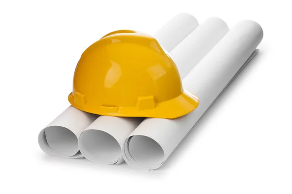 Drawings and hard hat isolated on white — Stock Photo, Image