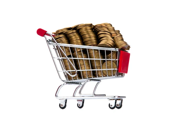 Moedas de ouro no carrinho de compras — Fotografia de Stock