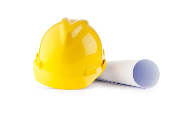 Hard hat and drawings isolated on white — Stock Photo, Image