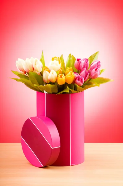 Giftbox and tulips against gradient background — Stock Photo, Image