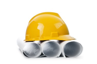 Drawings and hard hat isolated on white clipart