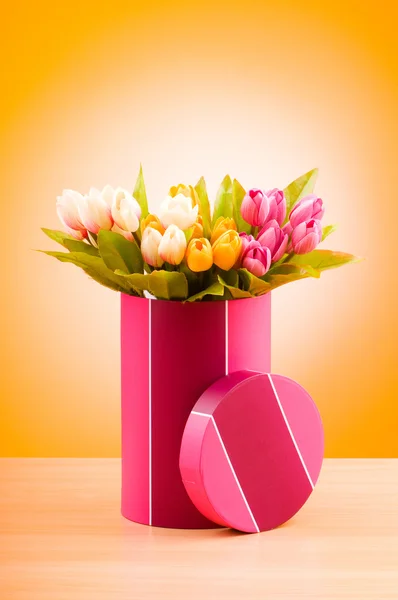 Подарункова коробка і тюльпани на градієнтному фоні — стокове фото