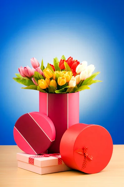 Giftbox e tulipas contra fundo gradiente — Fotografia de Stock