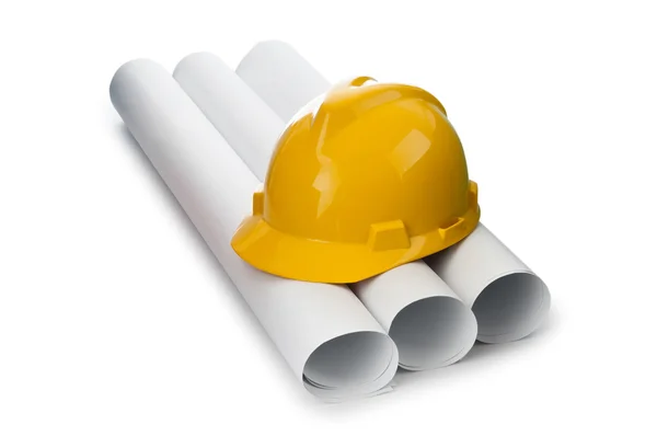 Drawings and hard hat isolated on white — Stock Photo, Image
