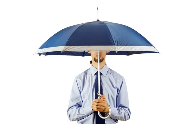 Zakenman paraplu houden in het kantoor — Stockfoto
