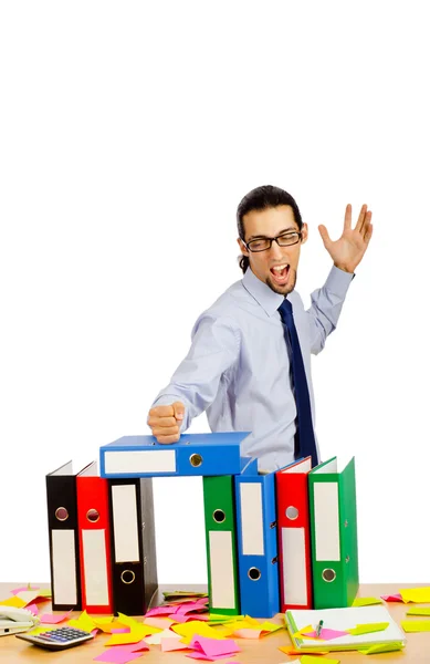 Businessman with many folders on white — Stock Photo, Image