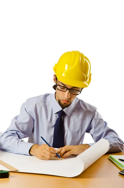 Engineer working with drawings on white Stock Image