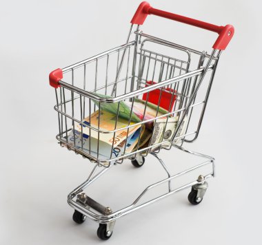 Isolated shopping cart with money