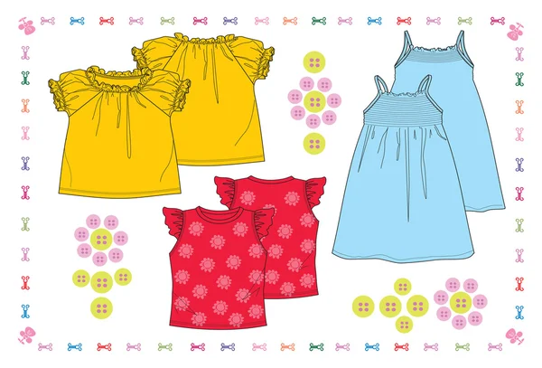 Musim panas koleksi dengan gaun bayi - Stok Vektor