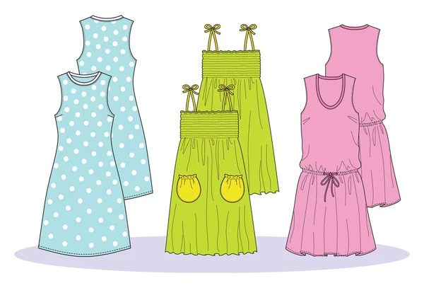 Colección con vestidos de verano para niña y mujeres jóvenes — Archivo Imágenes Vectoriales